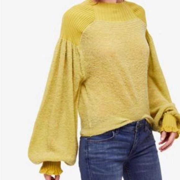Free People Sweaters - Free People Chartreuse Balloon Sleeve Sweater Cozy Chic Crew Neck Small S